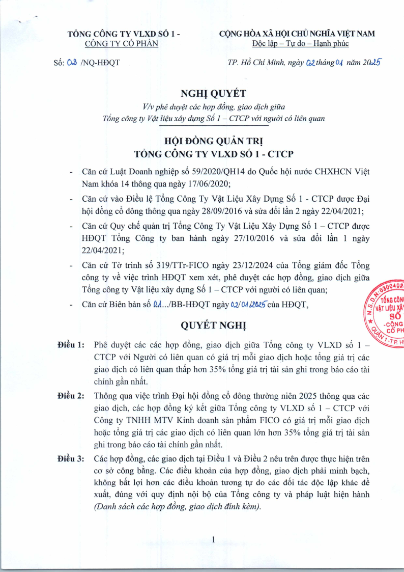 Nghị quyết Phê duyệt các hợp đồng, giao dịch giữa TCT với người có liên quan